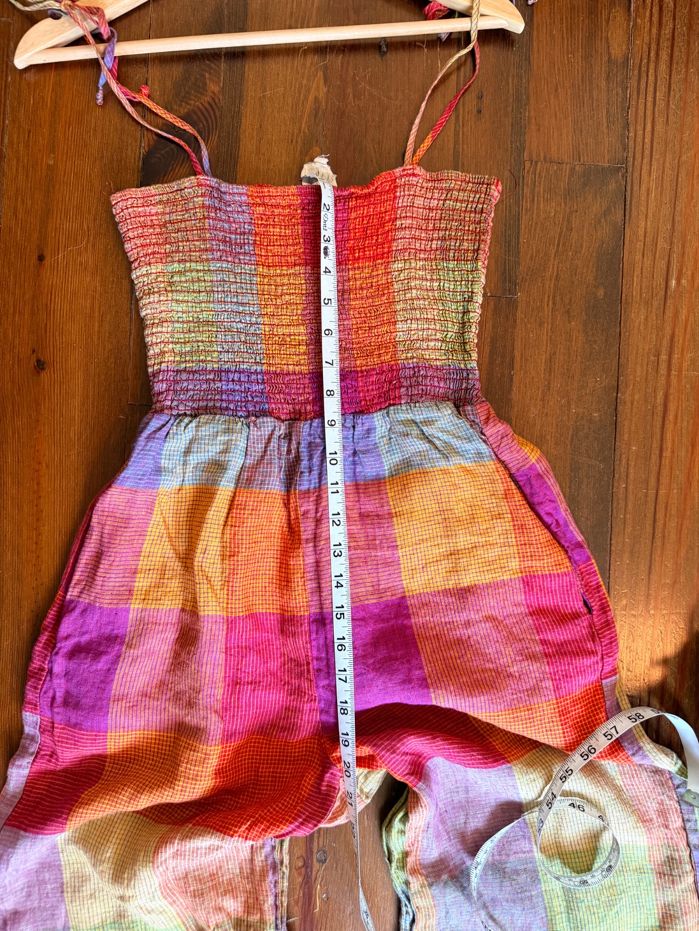 dRA 100% Linen Wide Leg Smocked Colorful Checkered Plaid Print Jumpsuit - MP - Picture 8 of 11